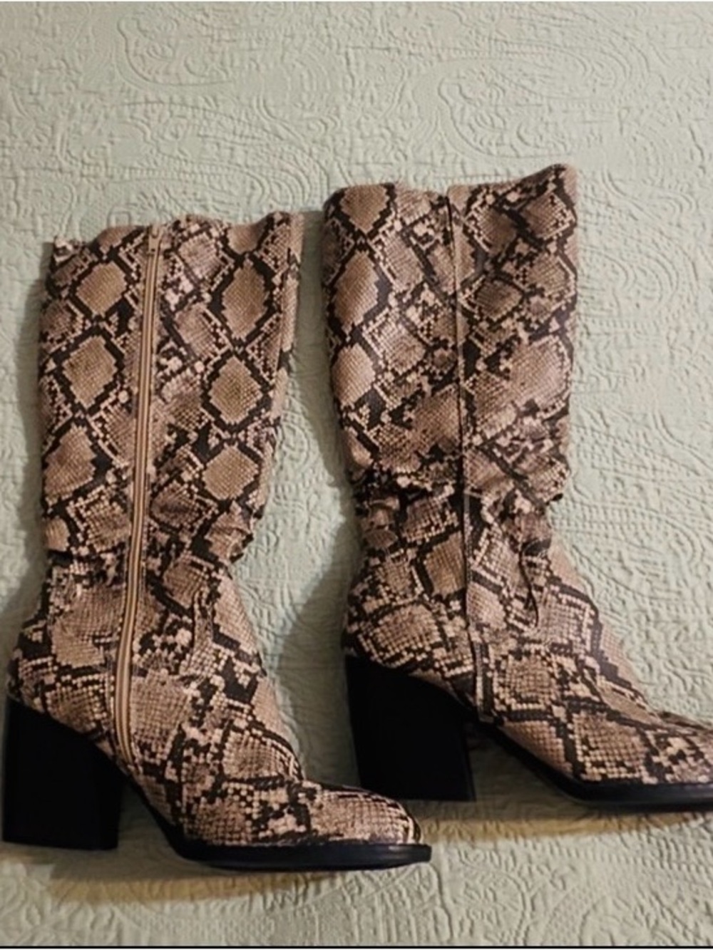 Bare Traps “snakeskin” stacked heel, tall side zip boots, sz 8, next to new